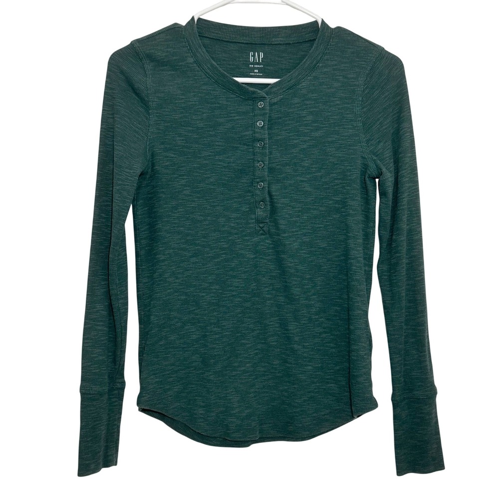 Gap Rib Henley Top Green Long Sleeve Ribbed Knit Women's XS Casual Layering Fall